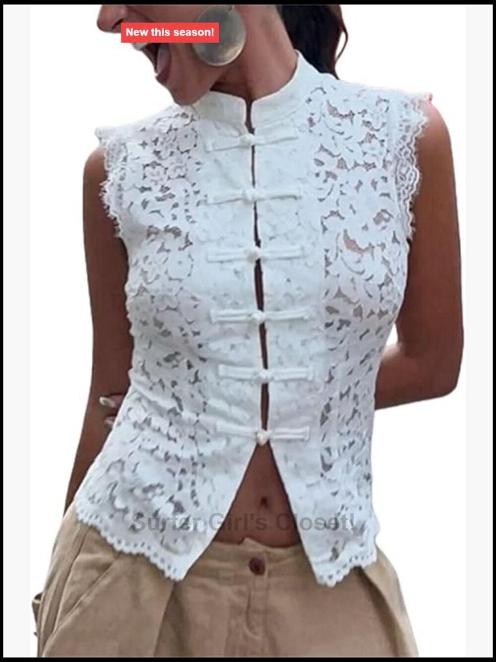 Sleeveless Lace Tank Top Mandarin Collar Crop Y2K Streetwear